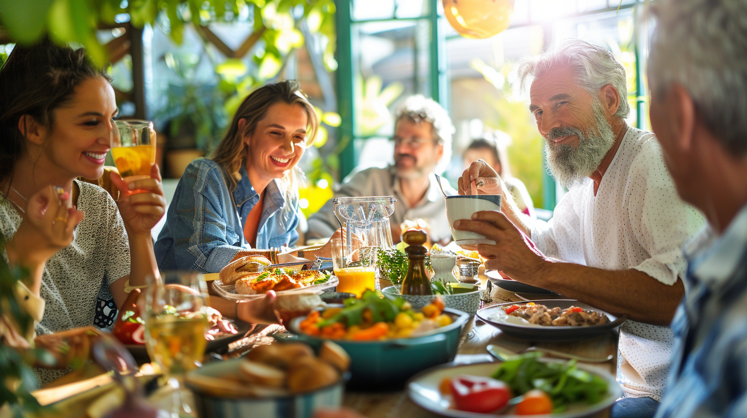 Задоволені клієнти різного віку у кафе здорового харчування